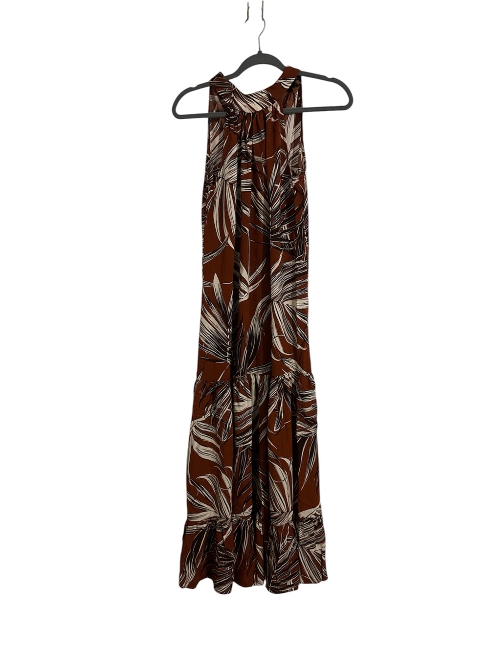 1. State Brown and Cream Leaf-Print Maxi Dress